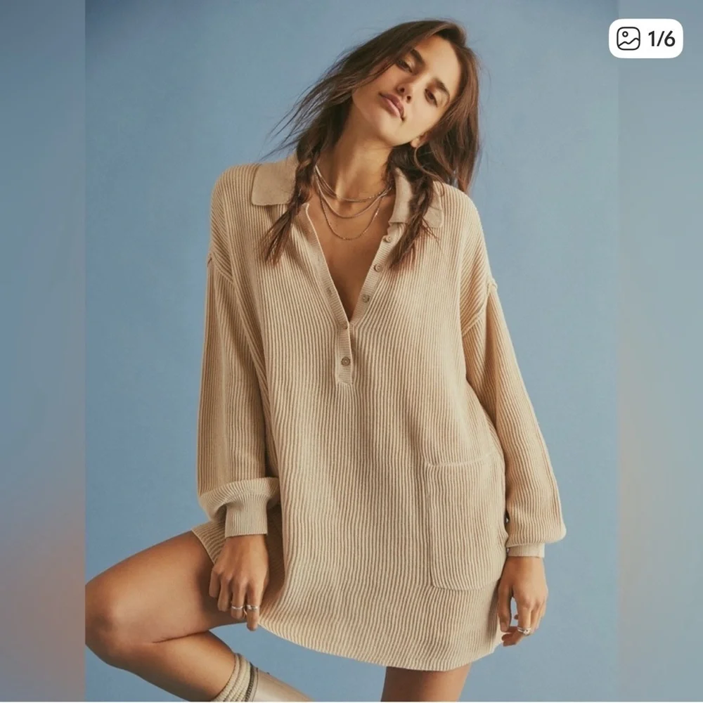 Free People Beige Ribbed Mini Dress tunic sweater Medium